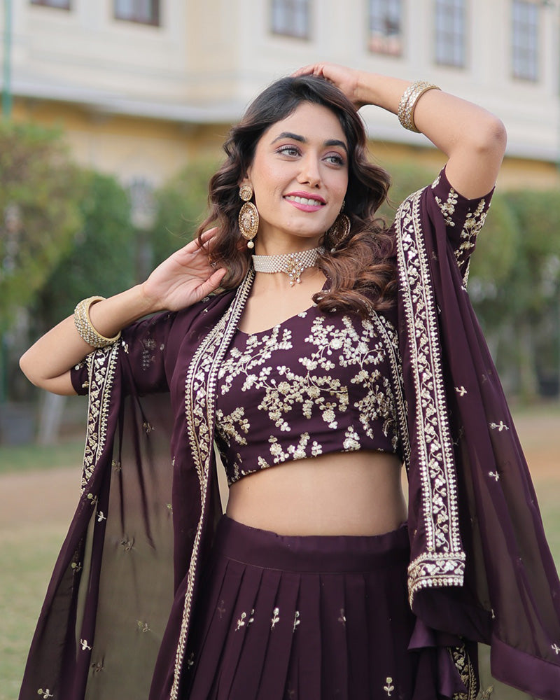 Wedding Wear Dark Wine Color Designer Blooming Lehenga Choli