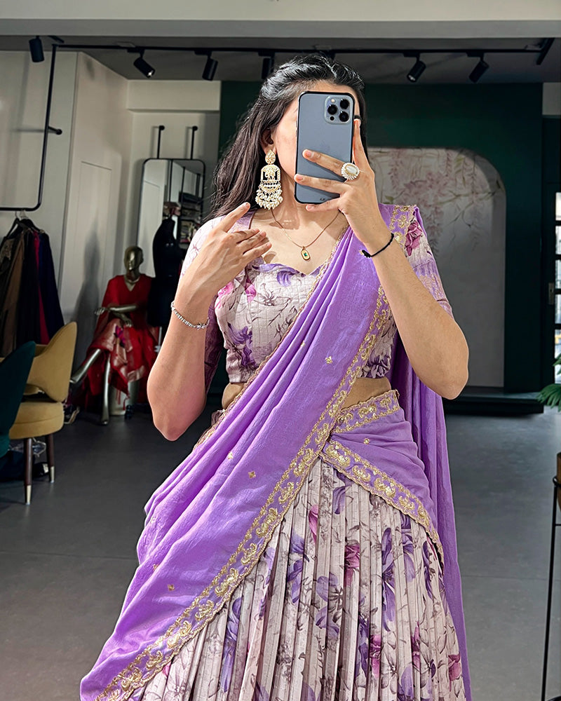Purple Color Dola Chex Floral Printed Half Saree