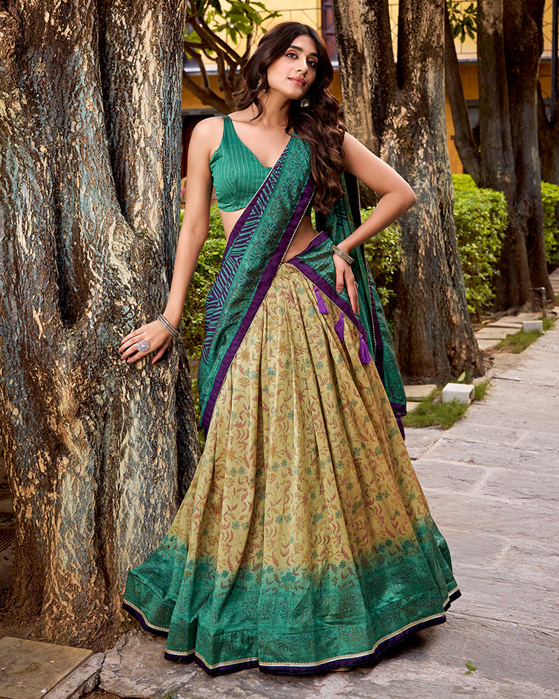 Firozi Color Vichitra Silk Printed Lehenga Choli