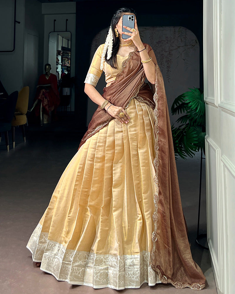 South Indian Style Cream Color Kanchipuram Half Saree