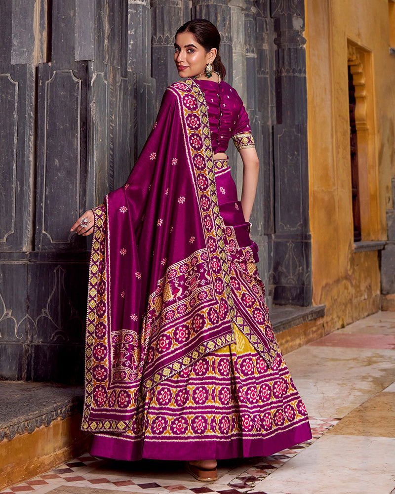 Yellow And Maroon Ikkat Printed Tasar Silk Lehenga Choli
