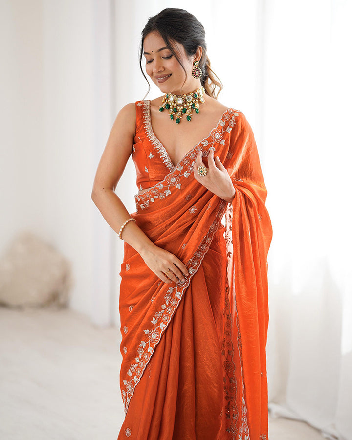 Rust Orange Color Fendi Silk Embroidered Saree