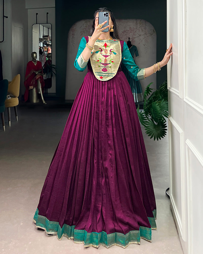 Wine Color Vichitra Silk Zari Weaving Gown