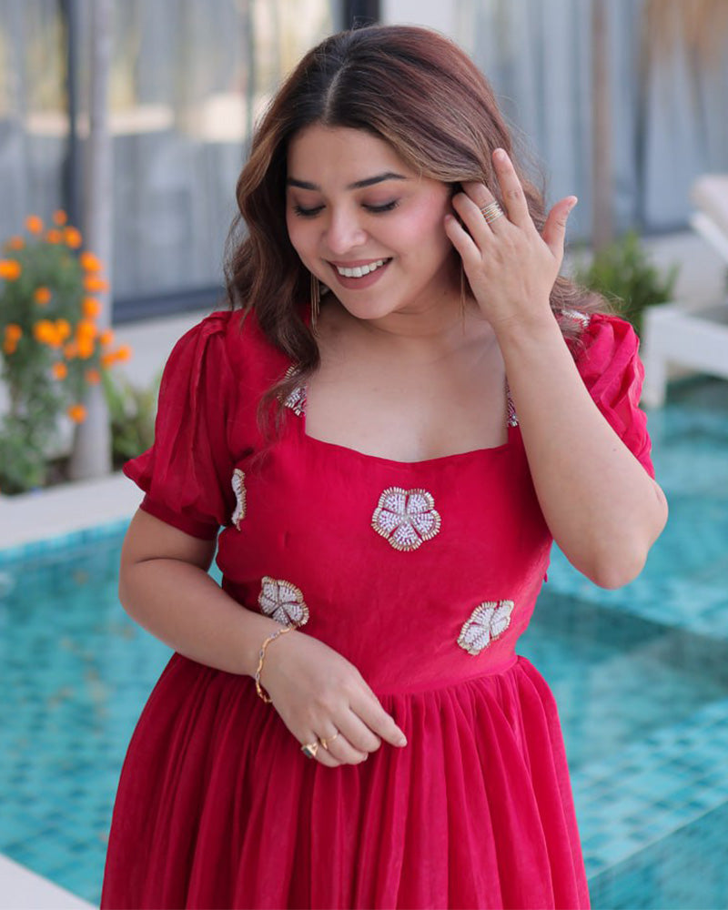 Pink Color Fendi Silk Beads Embroidered Gown