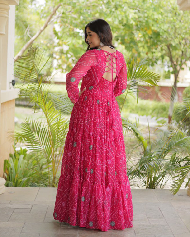 Pink Color Bandhani Print Faux Georgette Navratri Gown