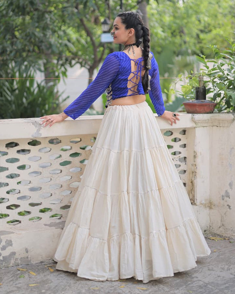 Royal Blue Color Laheriya Print Kurti With Kora Cotton Lehenga