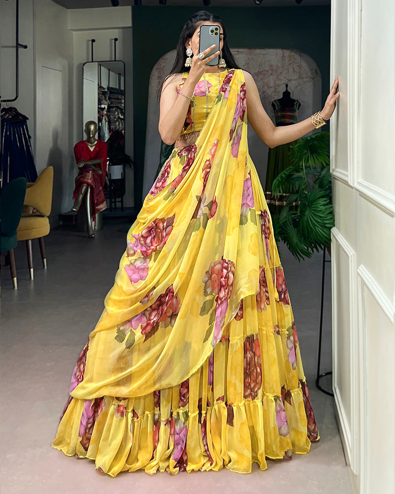 Yellow Color Lightweight Chiffon Printed Lehenga Choli