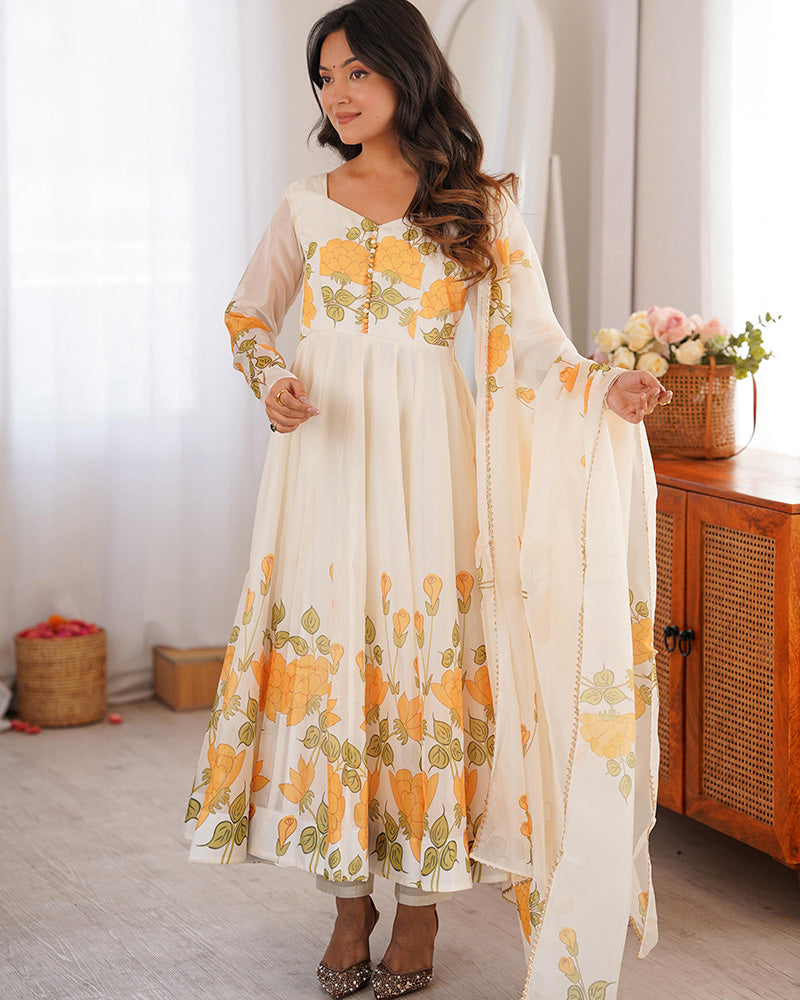 Creamish White Color Floral Print Organza Three Piece Anarkali Suit