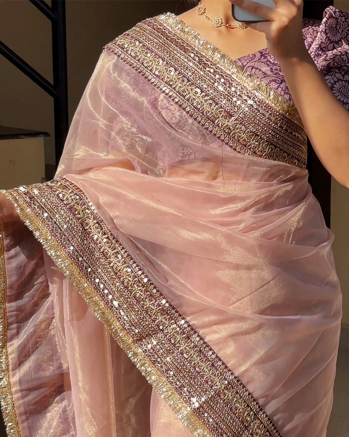 Luvender Color Soft Twil Net Embroidered Saree