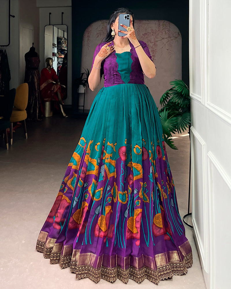 Teal Green Color Viscose Chanderi Floral Printed Gown