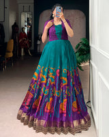 Teal Green Color Viscose Chanderi Floral Printed Gown