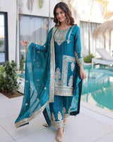 Teal Blue Color Fendi Silk Embroidered Kurti Suit