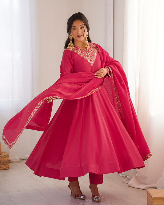 Rani Pink Color Pure Shimmer Silk Anarkali Suit