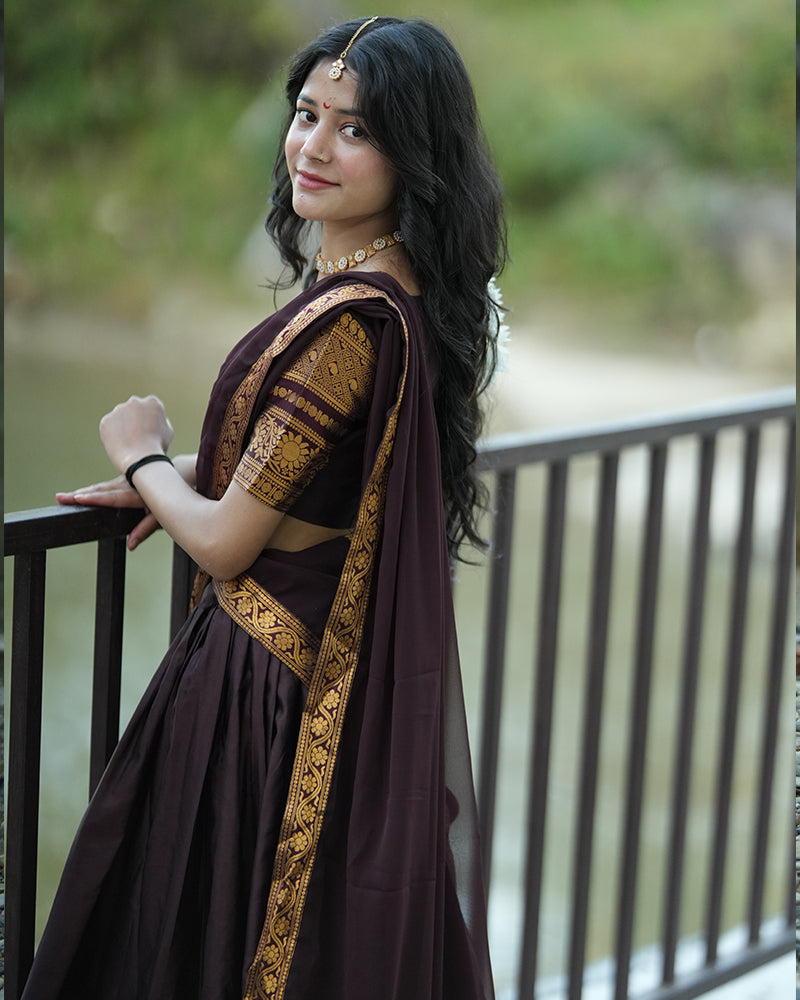 Dark Brown Color Kanjivaram Silk Zari Weaving Half Saree