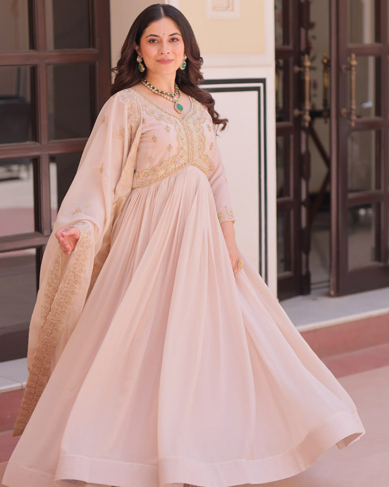 Cream Color Star Georgette Embroidered Gown