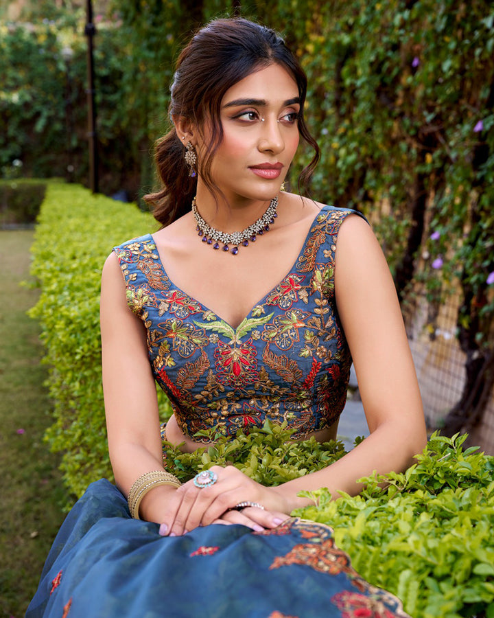 Teal Green Color Chanda Silk Embroidered Lehenga Choli