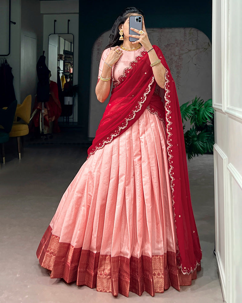 Peach Color Cotton Silk Designer Half Saree