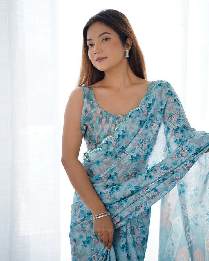 Sky Color Chinnon Silk Saree
