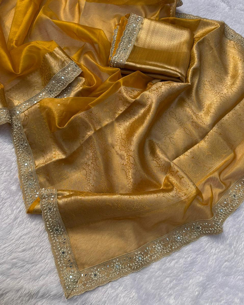 Mustard Color Soft Banarasi Silk Pearl Work Saree