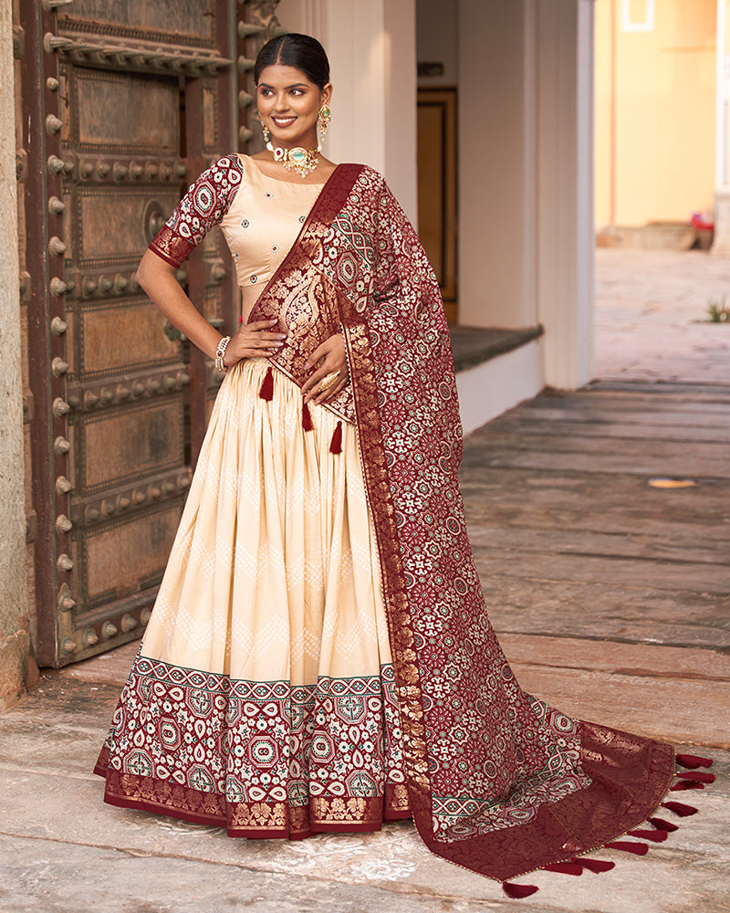 Designer Off White Color Ajarakh Print Silk Lehenga Choli
