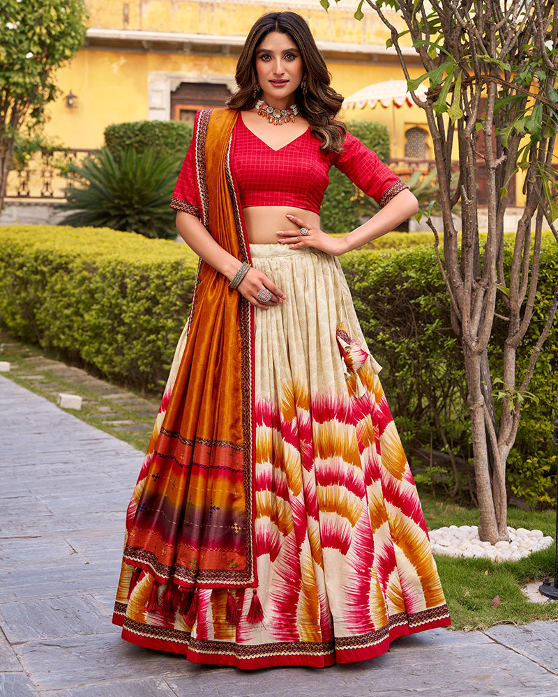Red Color Tasar Silk Dye Printed Lehenga Choli