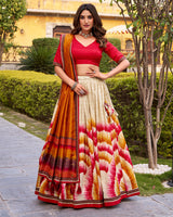 Red Color Tasar Silk Dye Printed Lehenga Choli