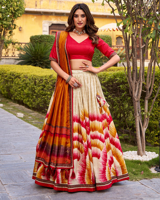 Red Color Tasar Silk Dye Printed Lehenga Choli