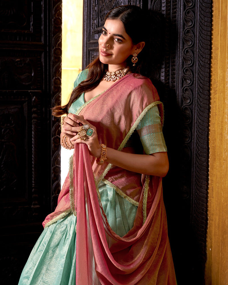 Sky Blue Color Dupion Silk Zari Weaving Half Saree