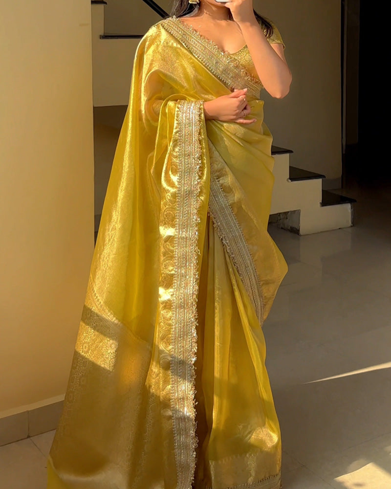 Yellow Coloor Banarasi Organza Tissue Silk Saree