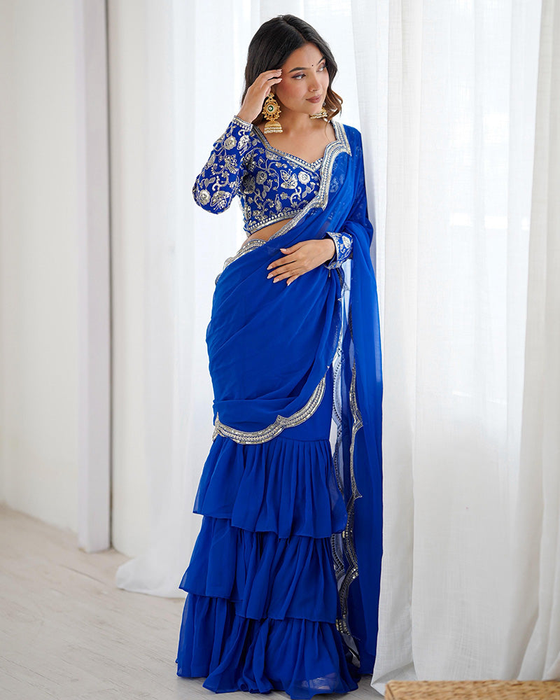 Blue Color Faux Georgette Ruffle Lehenga Saree