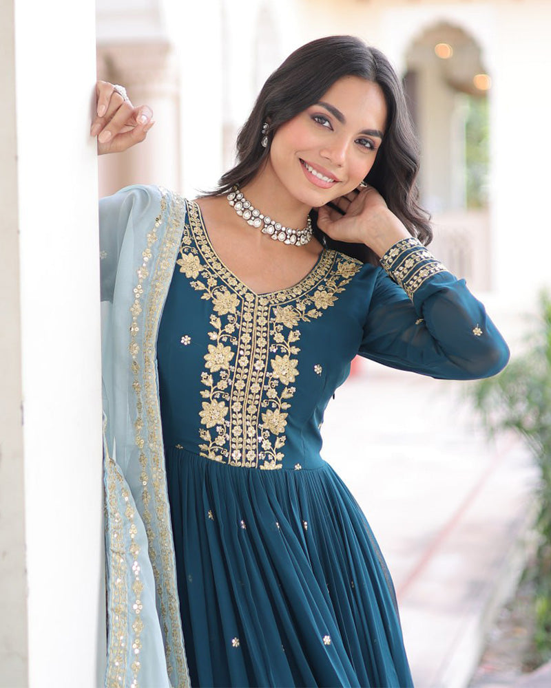 Peacock Blue Color Faux Blooming Embroidered Gown