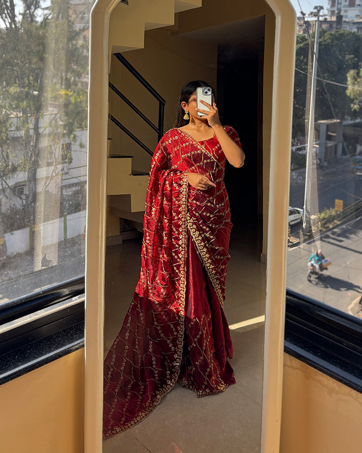 Maroon Color Space Silk Embroidered Saree