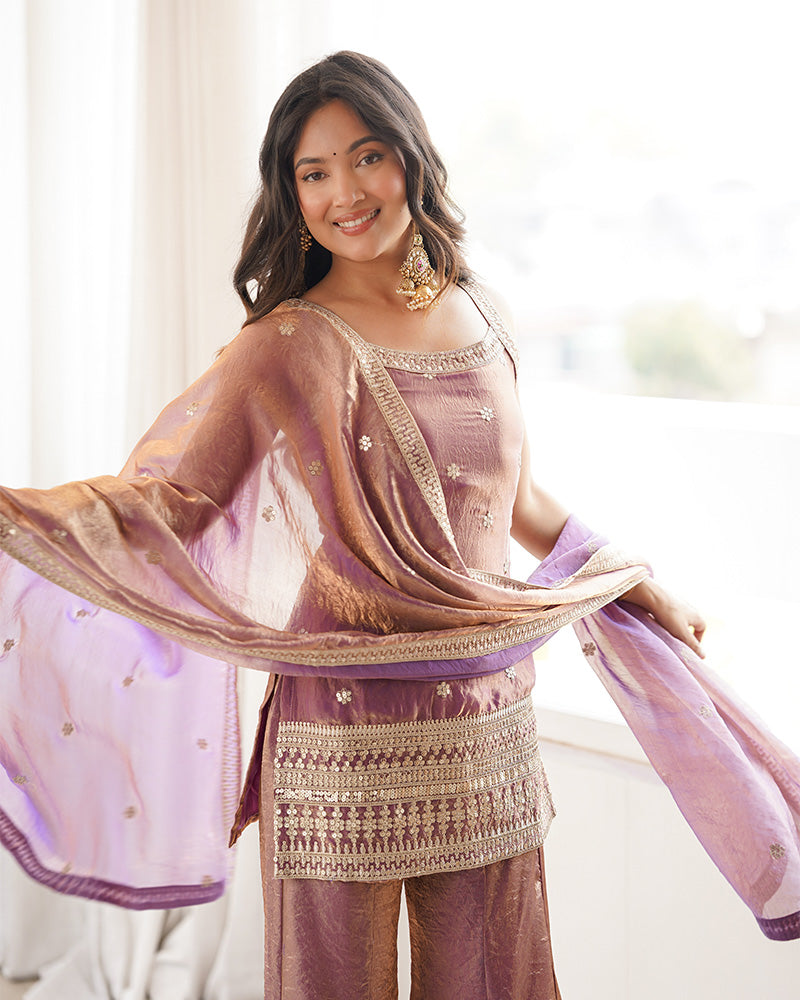 Dusty Pink Color Fendi Silk Embroidered Plazzo Suit