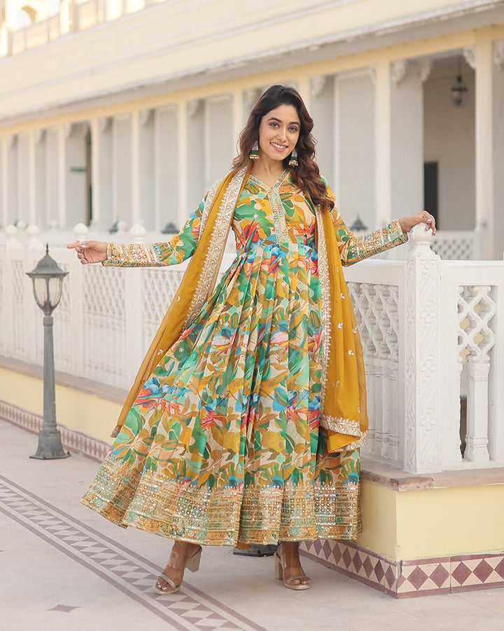 Wedding Wear Floral Embroidered Yellow Color Alia Cut Gown With Dupatta