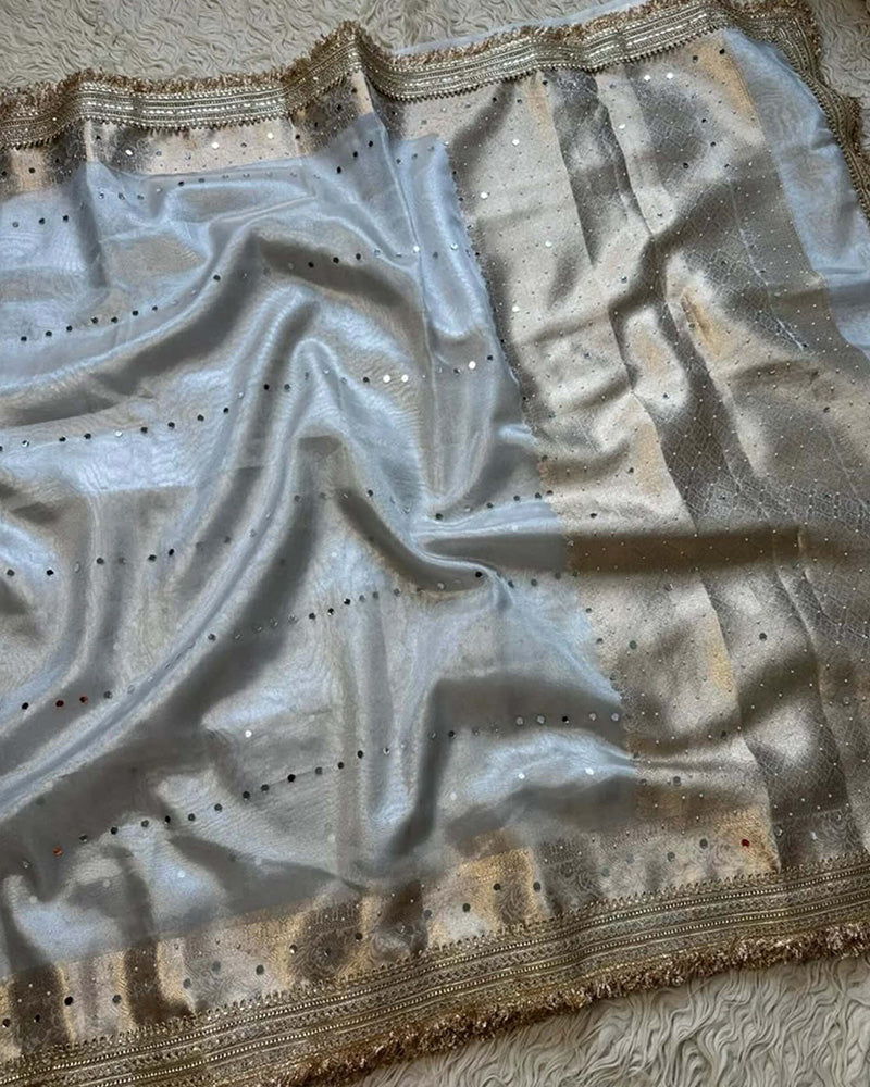 Grey Color Glass Banarasi Tissue Silk Saree
