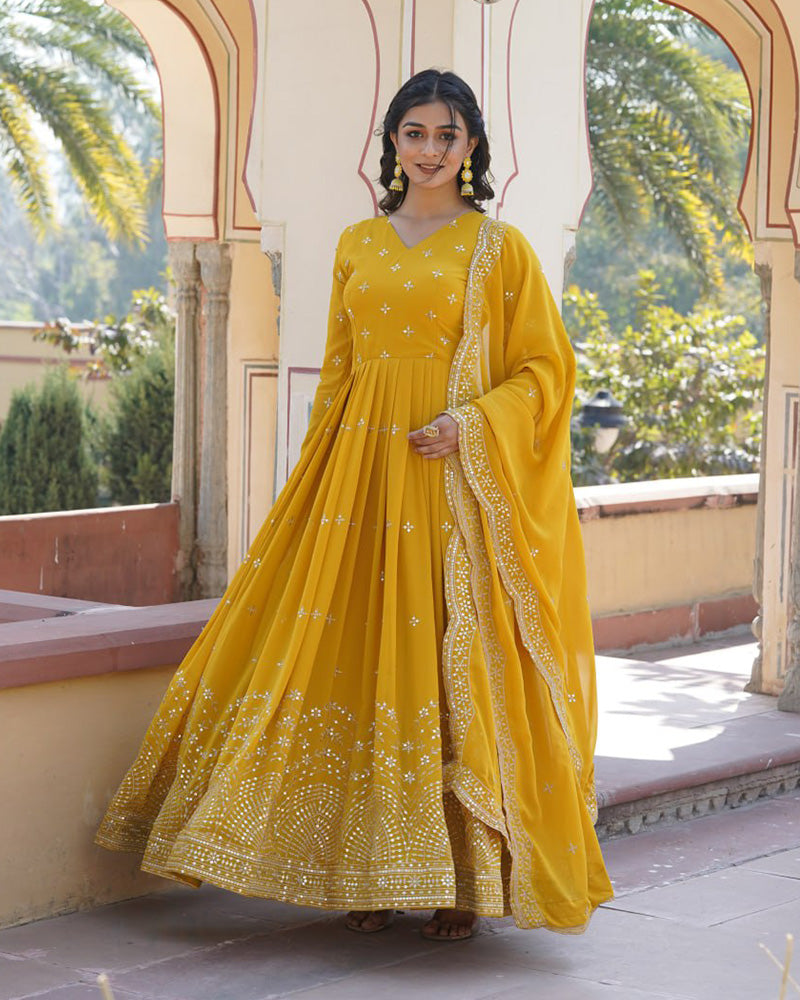 Yellow Color Full Flair Anarkali Gown With Embroidered Dupatta