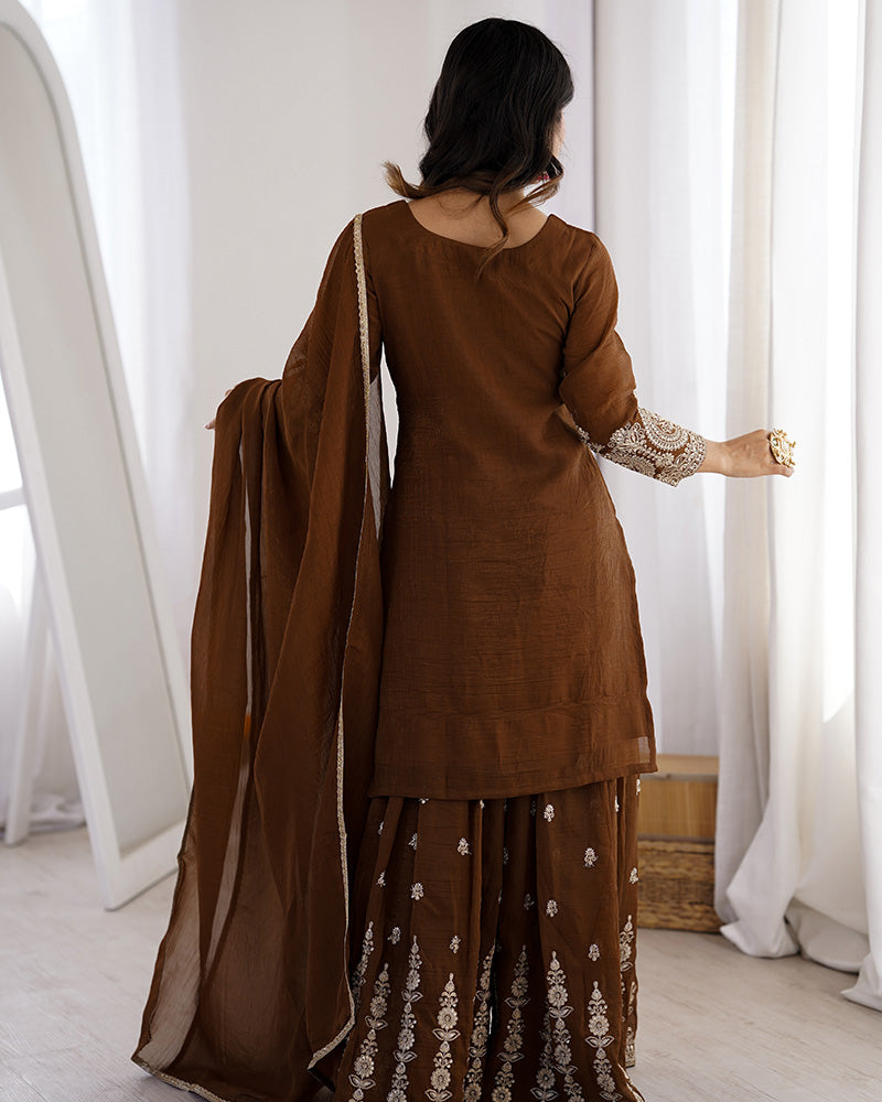 Brown Color Pure Soft Crunchy Silk Sharara Suit