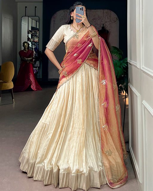 Off White Color Poly Kotha Tussar Zari Weaving Half Saree