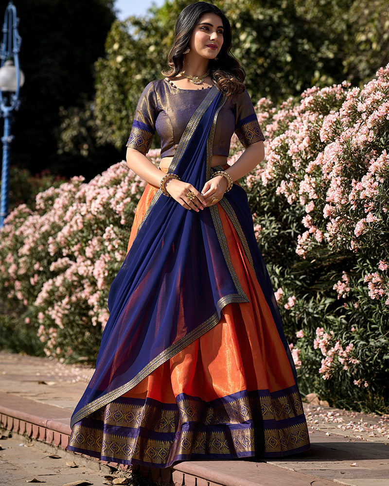 Orange Color Kanchipuram Silk Designer Lehenga Choli