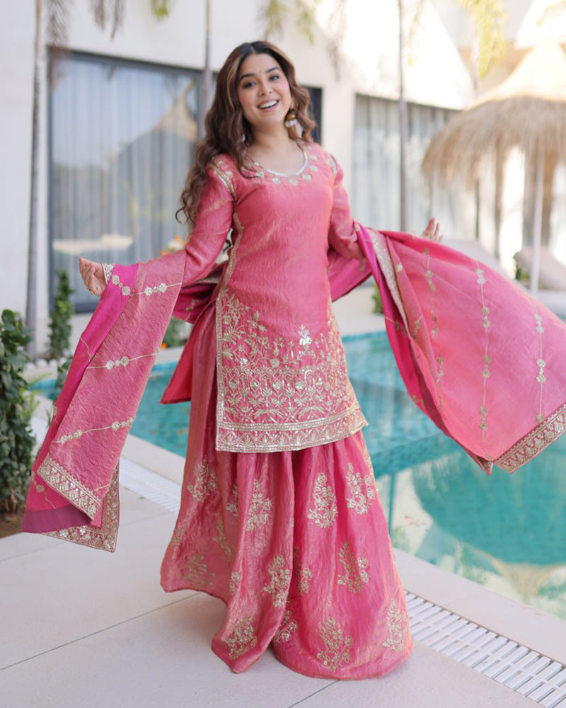 Peach Color Fendi Crush Embroidered Plazzo Suit