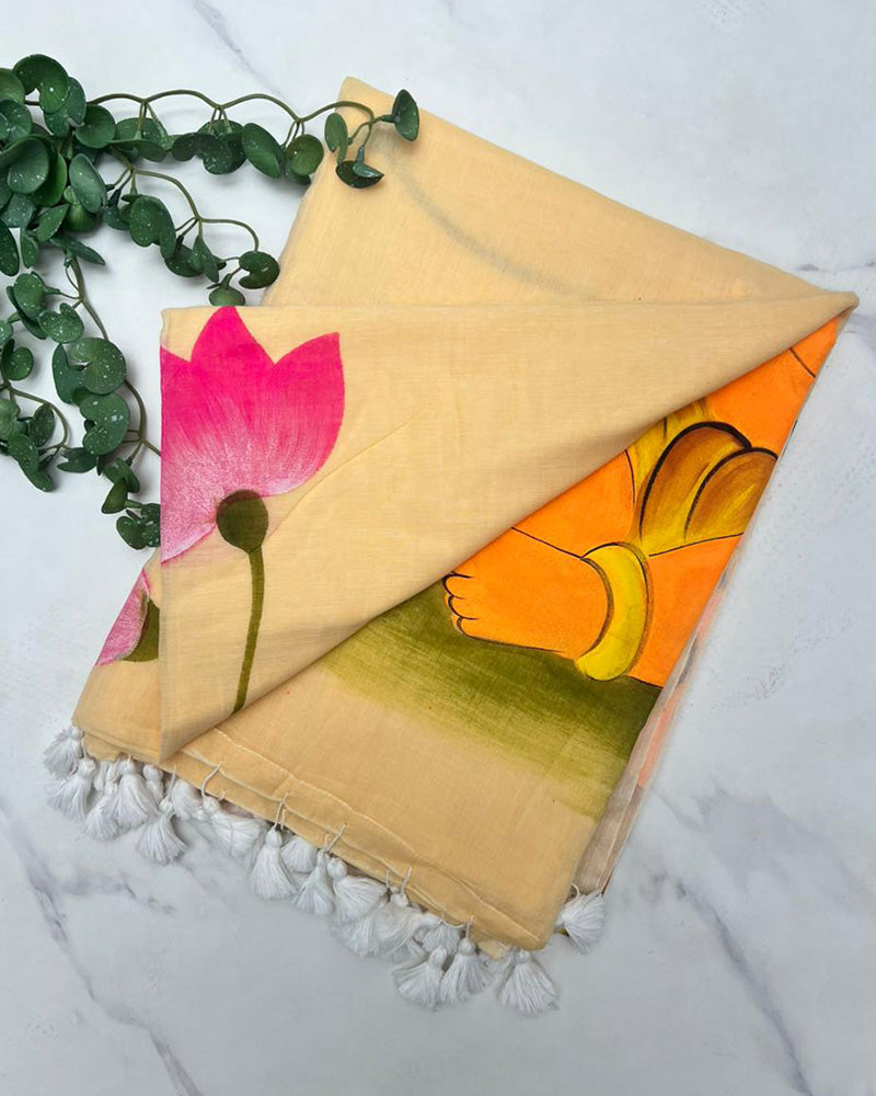 Cream Color Pure Mal Cotton Krishna Printed Saree