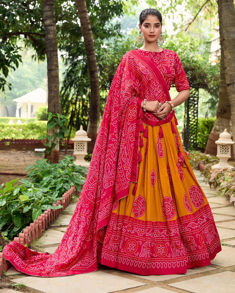 Mustard Color Tussar Silk Bandhej Printed Lehenga Choli