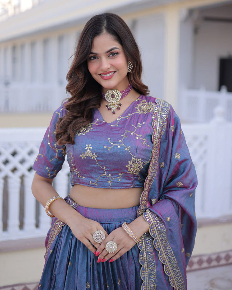 Dusty Blue Color Ysl Silk Embroidered Lehenga Choli