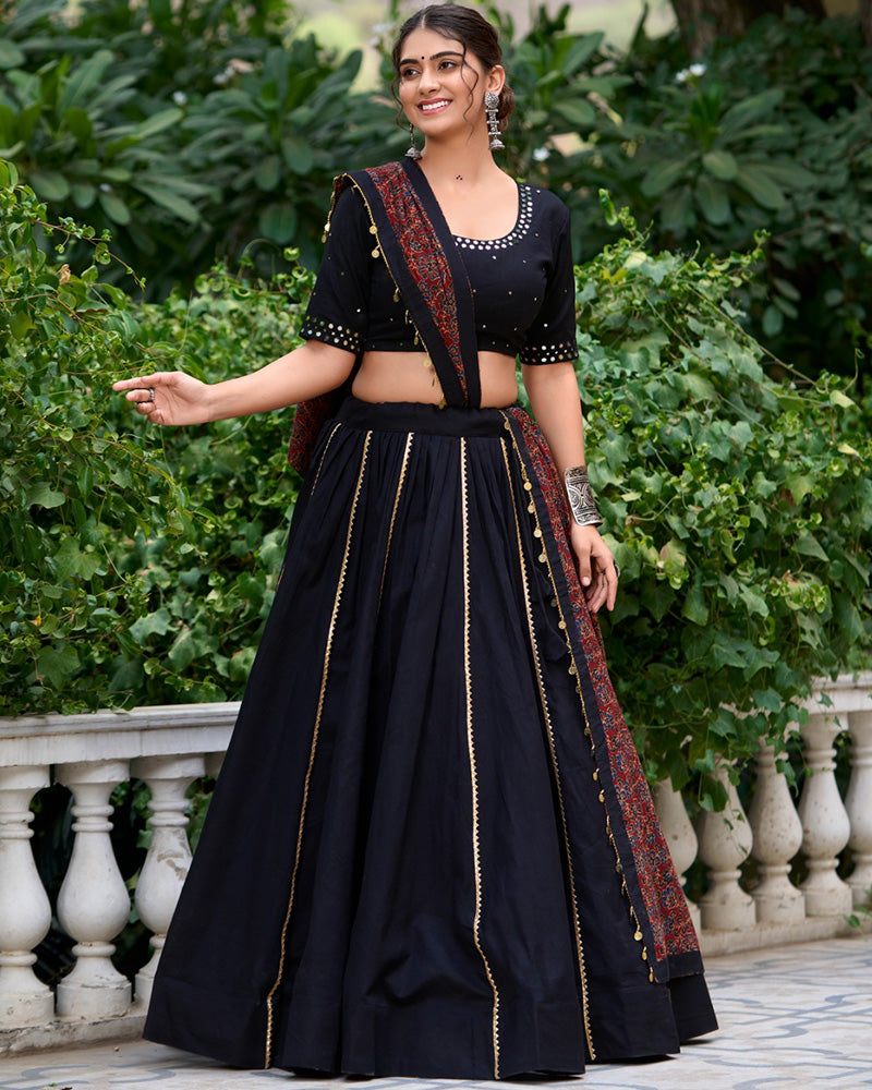 Black Color Cotton Plain Navratri Lehenga Choli