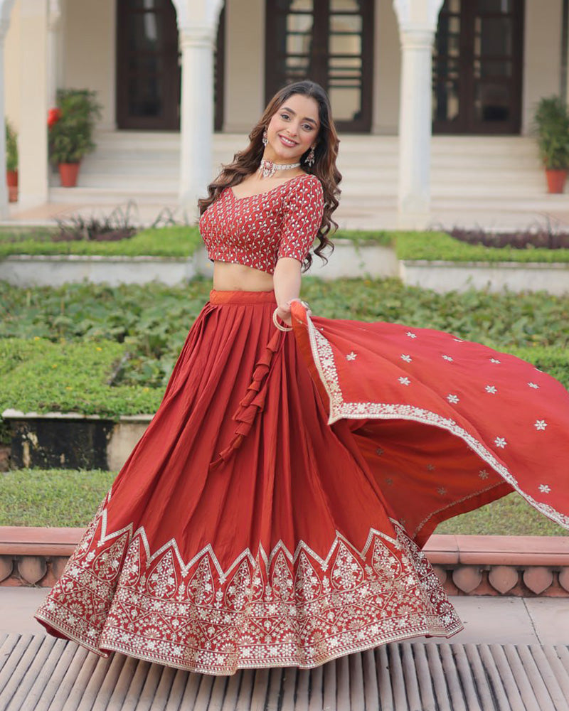 Rust Orange Color Vichitra Silk Embroidered Lehenga Choli