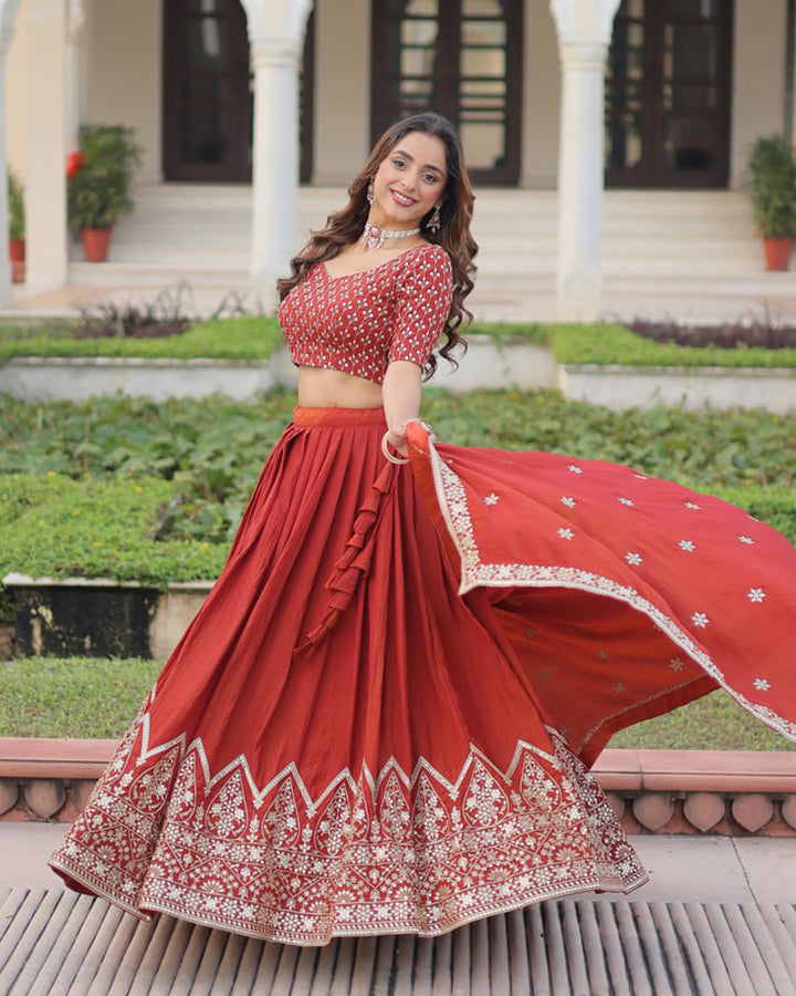 Rust Orange Color Vichitra Silk Embroidered Lehenga Choli
