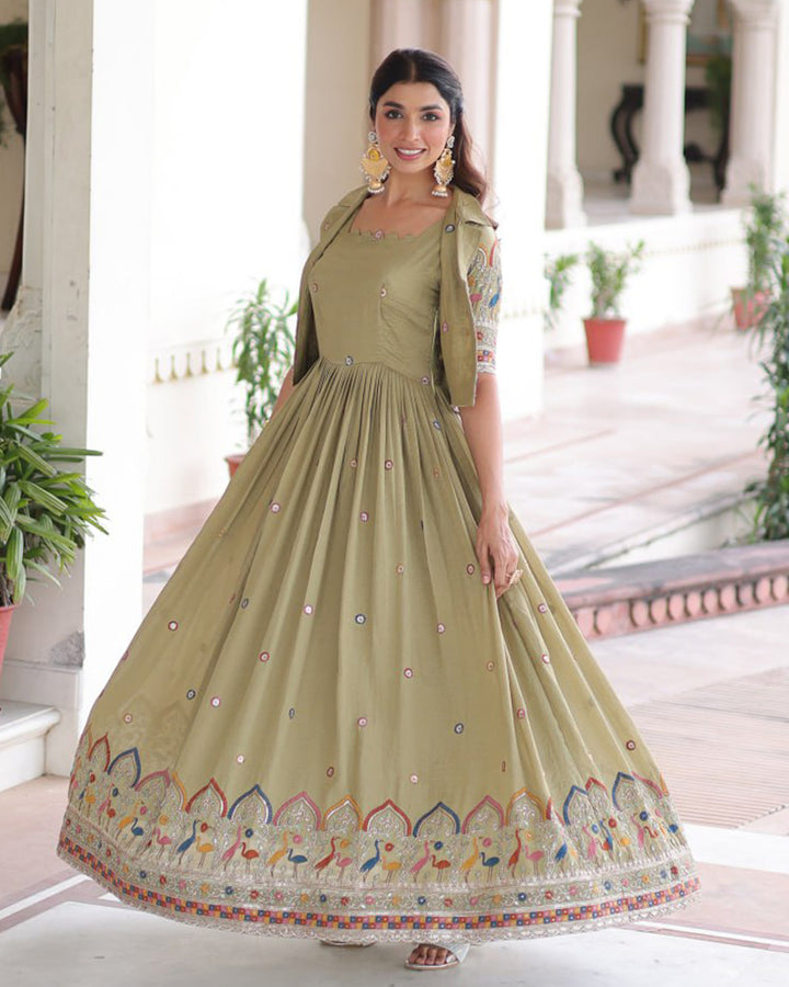 Olive Green Color Vichitra Silk Embroidered Gown