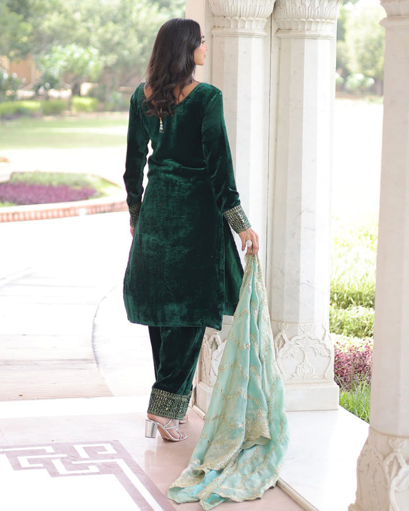 Green Color Velvet Three Piece Kurti Suit