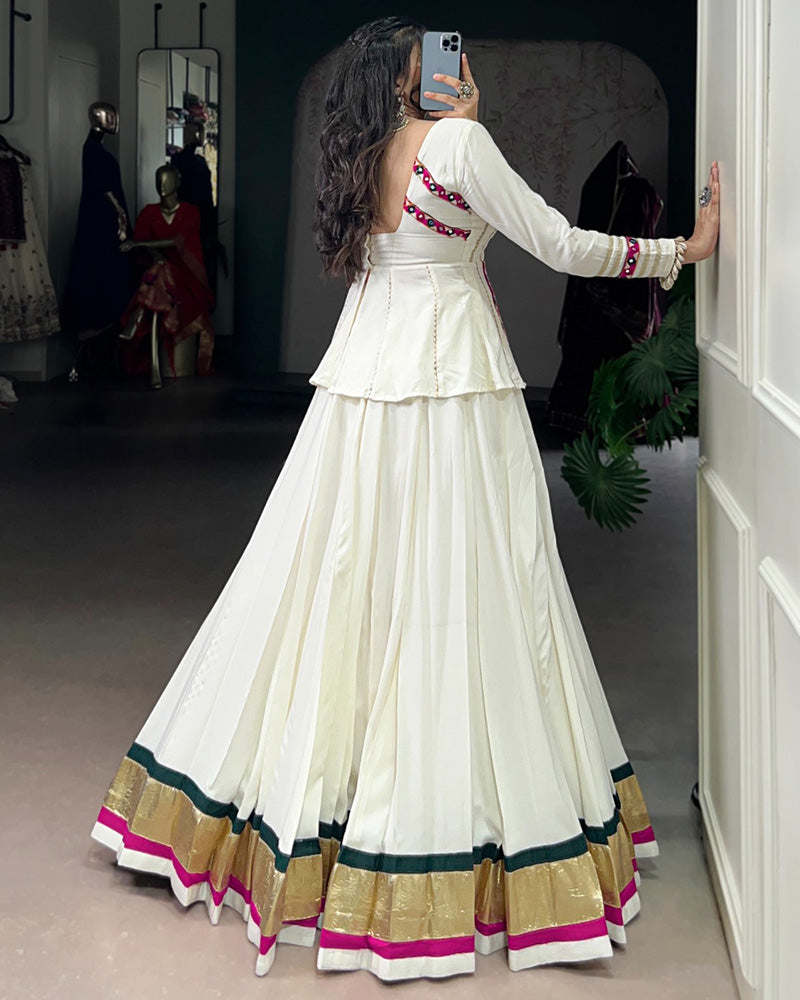 White Color Pure Rayon Embossed Navratri Lehenga Choli
