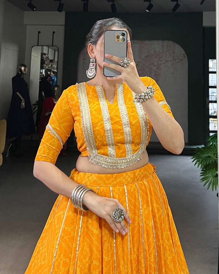 Yellow Color Chiffon Bandhej Printed Navratri Lehenga Choli